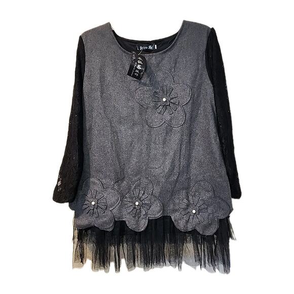 KAWAII LOLITA YI LA KE GREY FLANNEL LACE FLOWERS PEARLS TOP XL (READ) - Picture 2 of 9